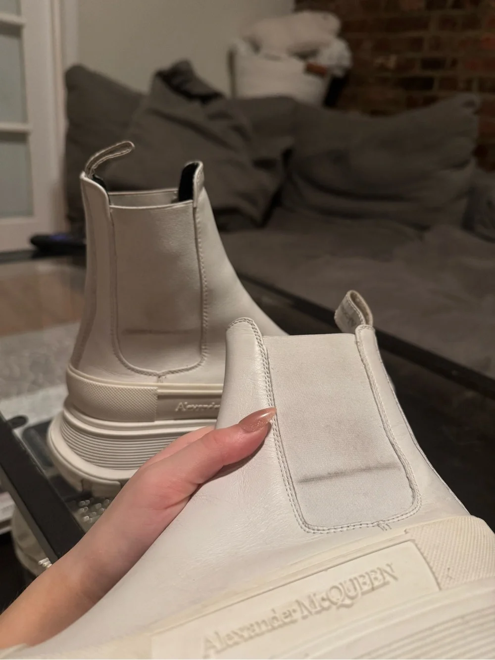 Alexander McQueen Women’s White Leather Tread Slick Chelsea Boots